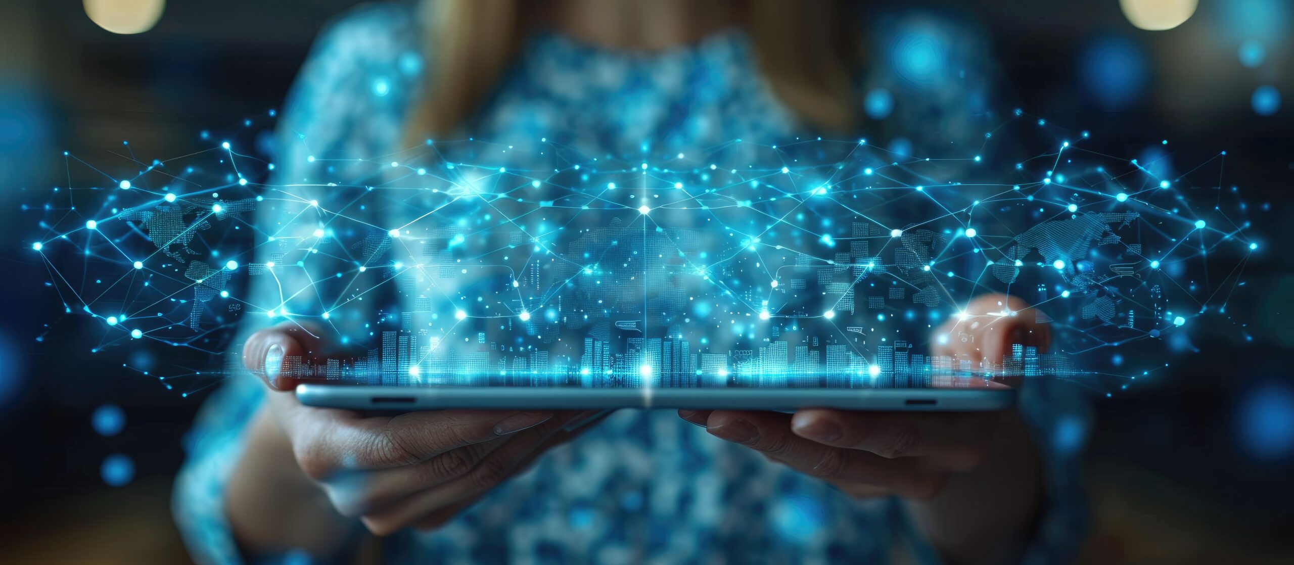 Close up of female hand holding tablet with creative digital city on blue hexagonal background with globe.. --ar 16:7 --style raw --stylize 750 Job ID: 9ce58c57-5930-4b30-805a-dd4b713d4089