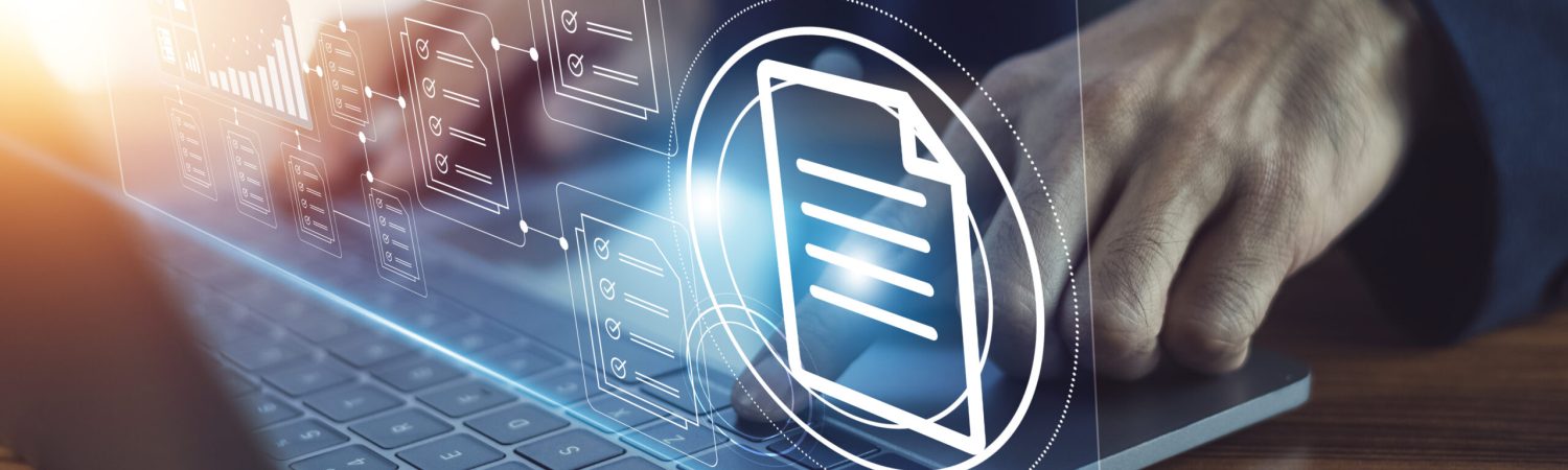 Businessman using computer for DMS documents management and ERP software for Document system management. Automation software to archiving and efficiently manage and information files.