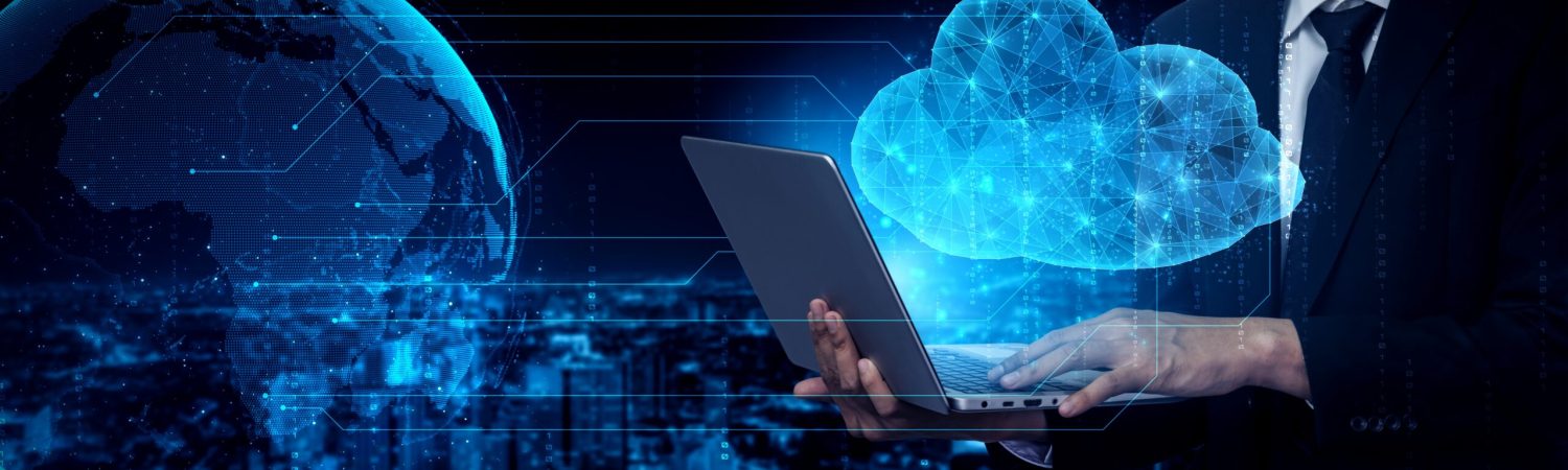 Cloud computing technology and online data storage for business network concept. Computer connects to internet server service for cloud data transfer presented in 3D futuristic graphic interface.