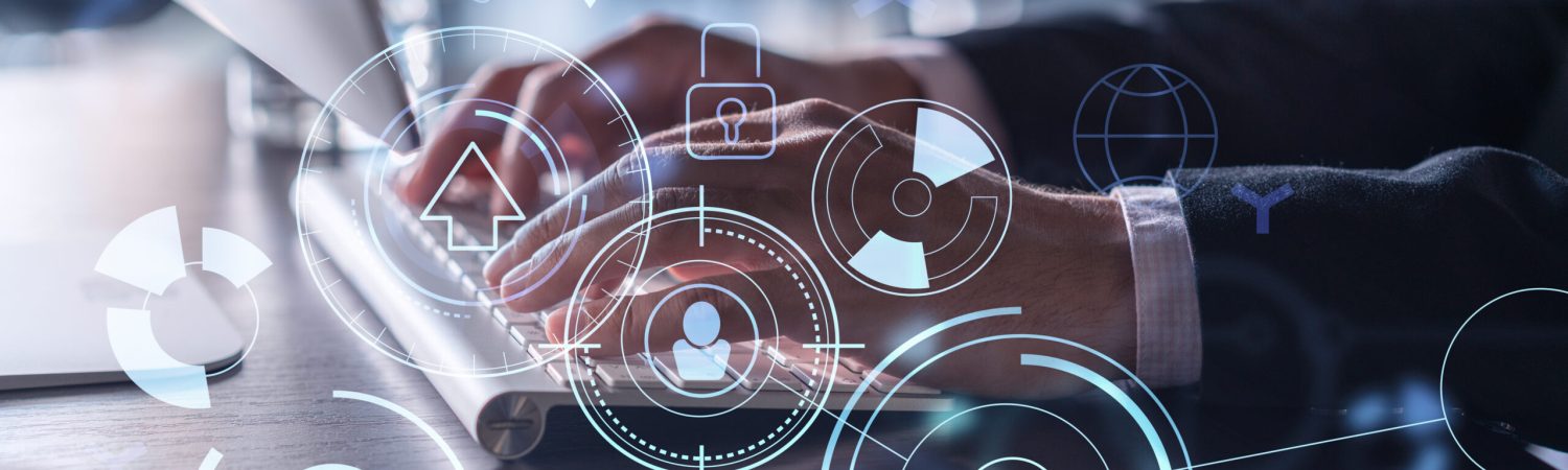Hands typing the keyboard to create innovative software to change the world and provide a completely new service. Close up shot. Hologram tech graphs. Concept of Dev team. Formal wear.